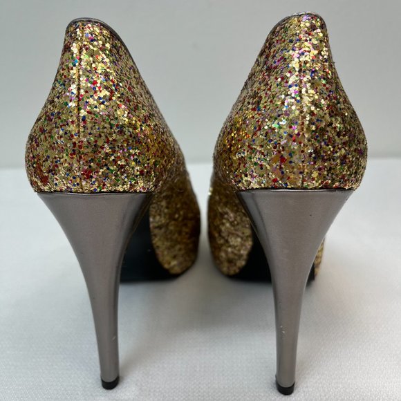 Guess Glitter Multicolor Gold Peep Toe Platform Heels Holiday Women's Size 9M - Picture 3 of 16
